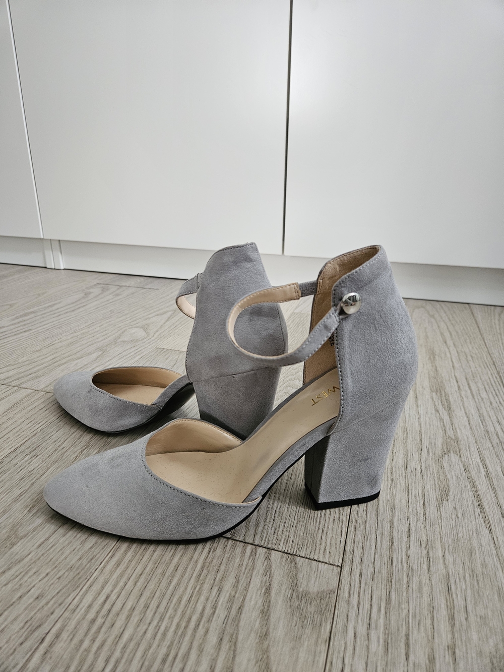 Nine West Light Gray Faux Suede Ankle-Strap Block Heels
